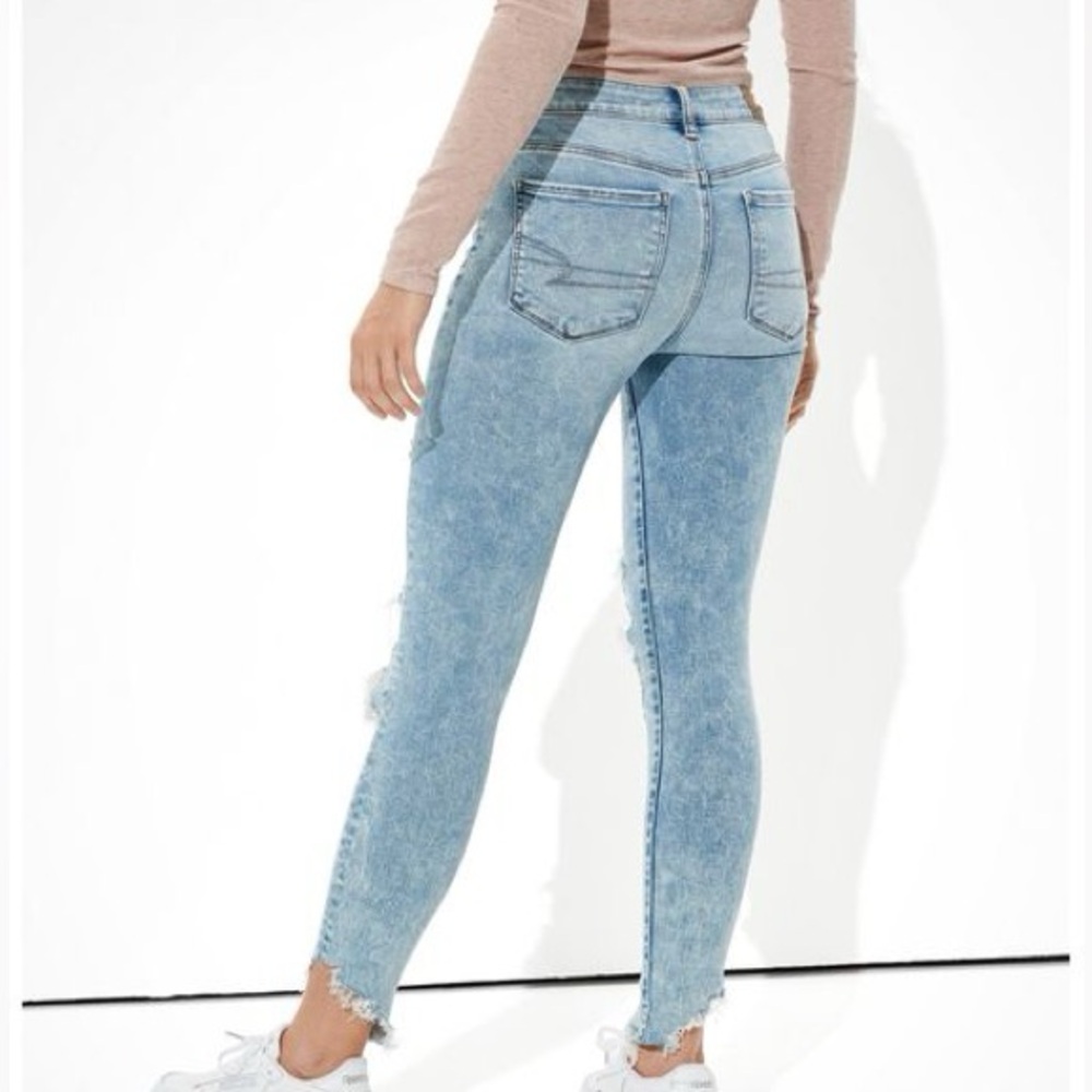American Eagle Highest Rise Jeggings blue acid wash distressed ankles 6 long